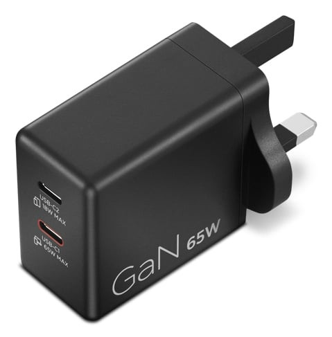 Lenovo 65W Dual USB-C GaN Fast Wall Charger UK 3-Pin Plug for Laptop Phone Black