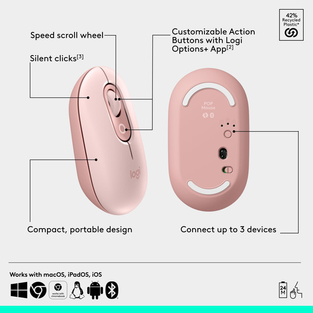 Logitech POP Mouse Wireless Bluetooth Optical 4000 DPI Silent Emoji Rose Pink – image 6