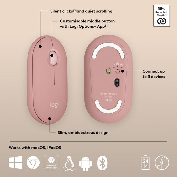 Logitech Pebble 2 M350s Wireless Bluetooth Slim Optical Mouse - Tonal Rose – image 7