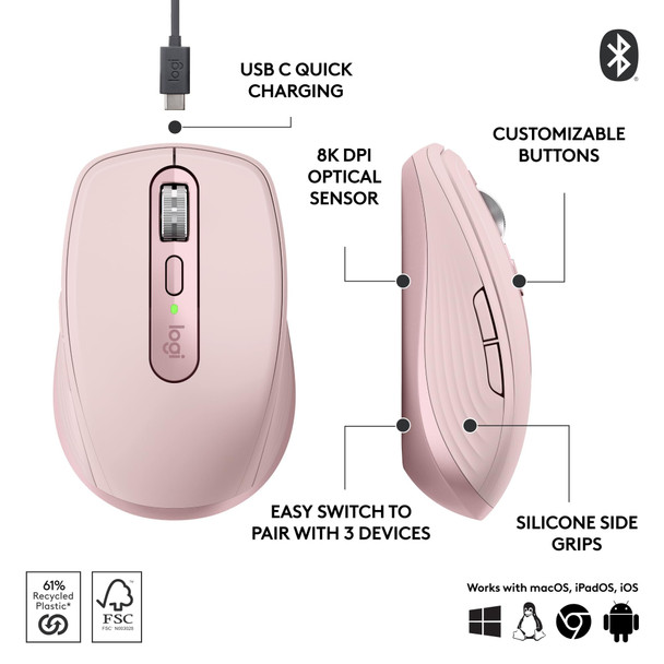 Logitech MX Anywhere 3S Wireless Bluetooth Mouse 8K DPI MagSpeed Rose Compact
