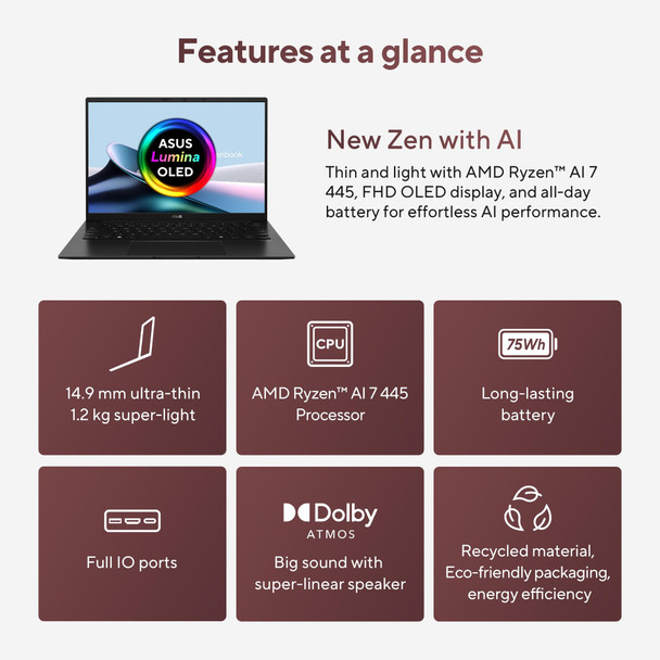 ASUS Zenbook 14 OLED 14" Laptop AMD Ryzen AI 7 445 32GB RAM 1TB SSD Copilot+ PC