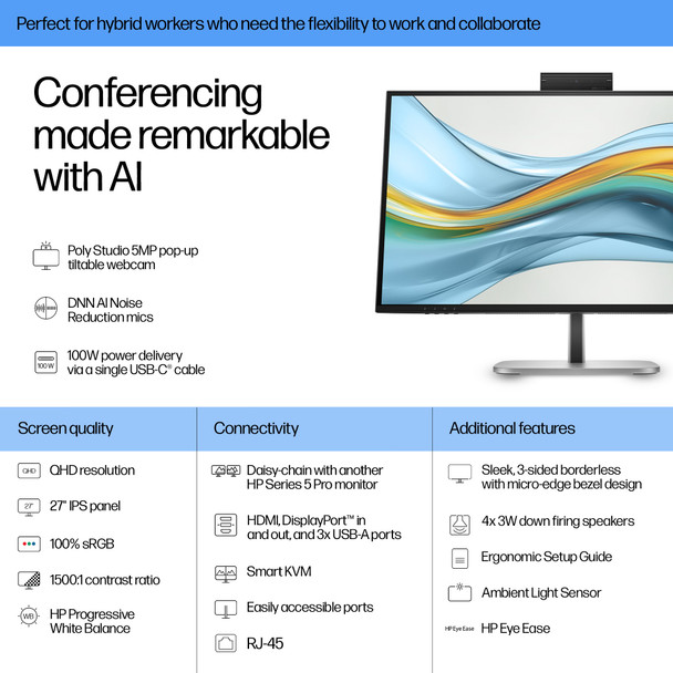 HP Series 5 Pro 27" QHD 1440p USB-C Conferencing Monitor 100Hz IPS 5MP 527pm