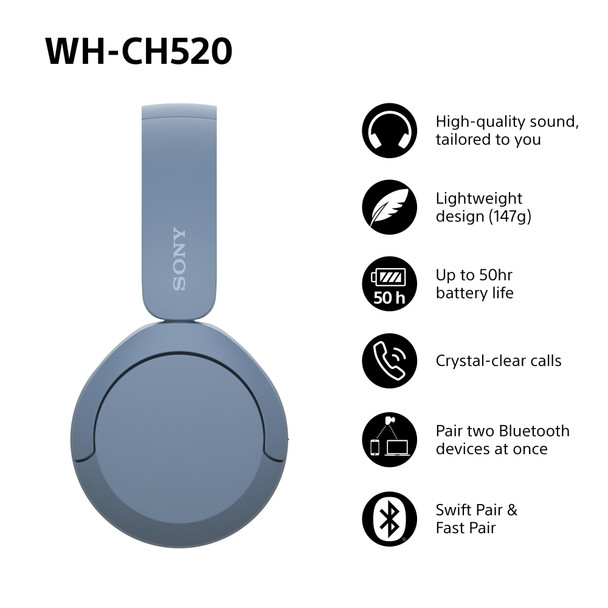 Sony WH-CH520 Wireless Bluetooth On-Ear Headphones with Mic Blue 
