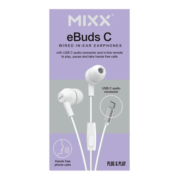 MIXX eBuds C USB-C Wired In Ear Headphones Earphones with Mic for Phone White