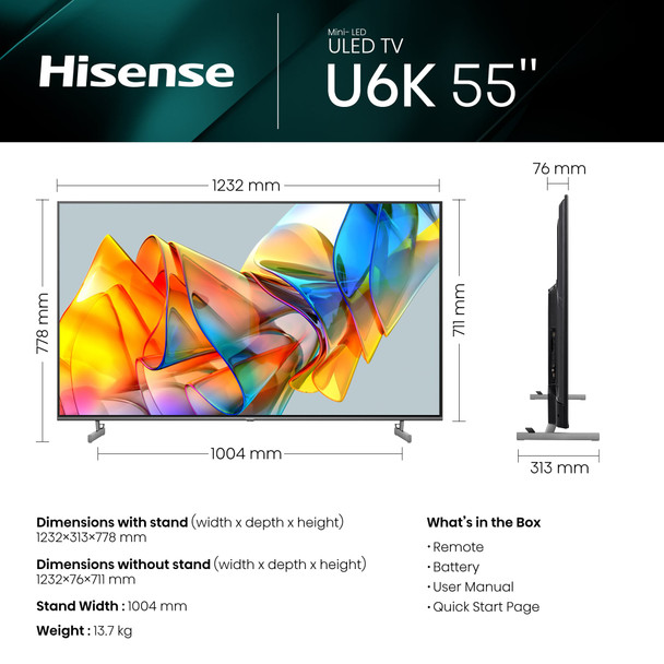 Hisense 55" 4K Ultra HD Mini-LED HDR Smart TV VIDAA Dolby Vision Atmos Freeview