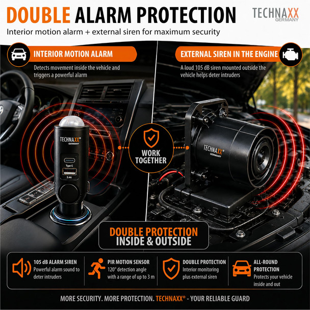 Technaxx Universal Car Alarm Pro TX-168 PIR Motion Sensor 105dB Siren 12V 24V