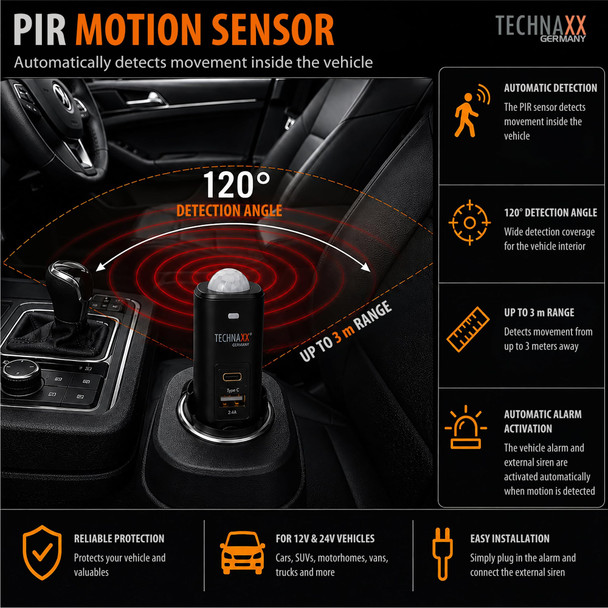 Technaxx Universal Car Alarm Pro TX-168 PIR Motion Sensor 105dB Siren 12V 24V