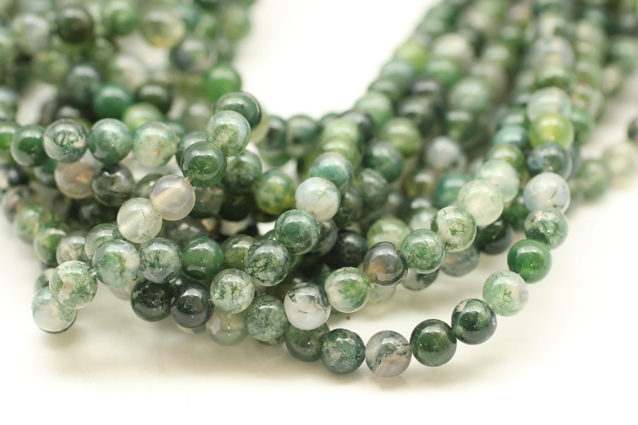 6mm Smooth Round, Moss Agate Beads (16 Strand)