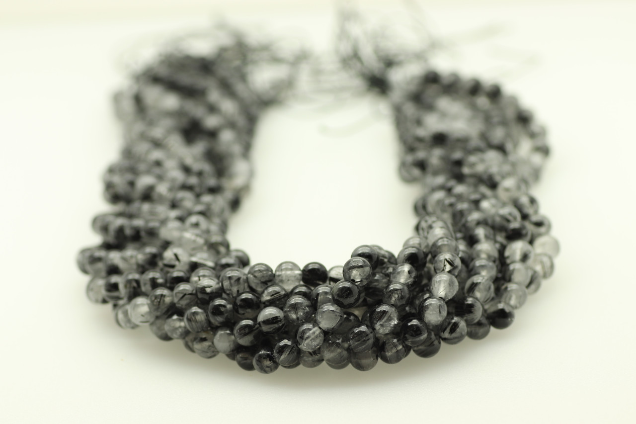 Natural Black Tourmaline Rutilated Quartz Thin Rondelle 6mm Beads