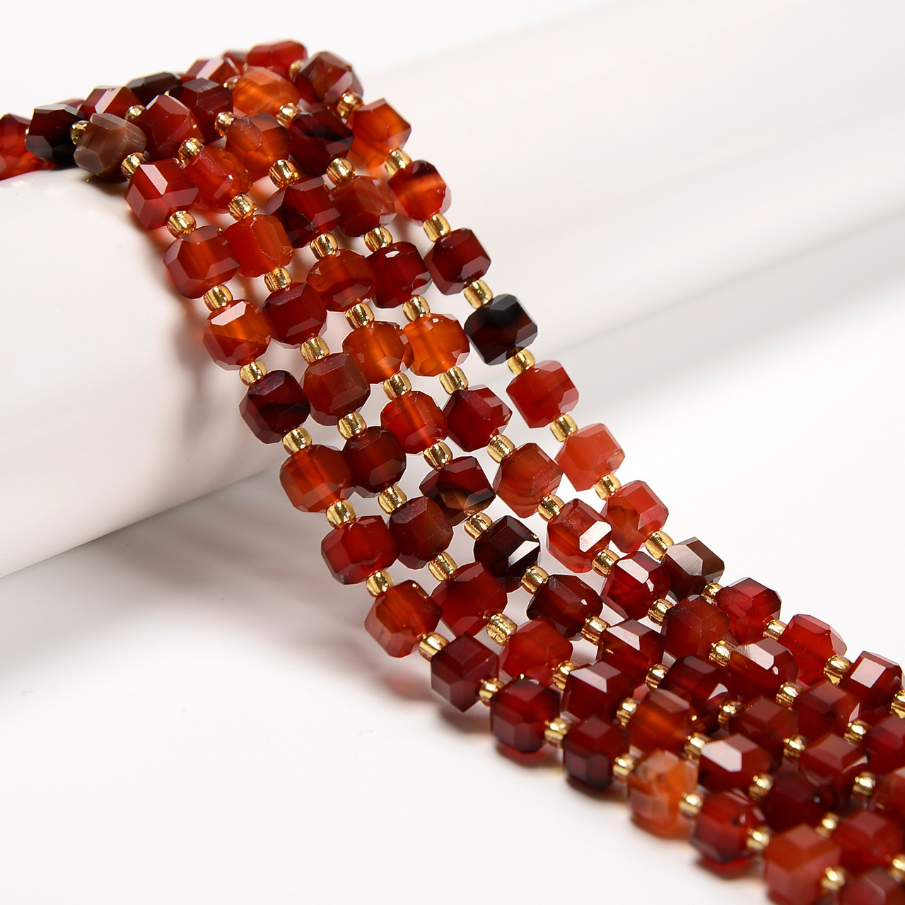 1foot Scarlet Red glass beads prism chain strand part dark brass