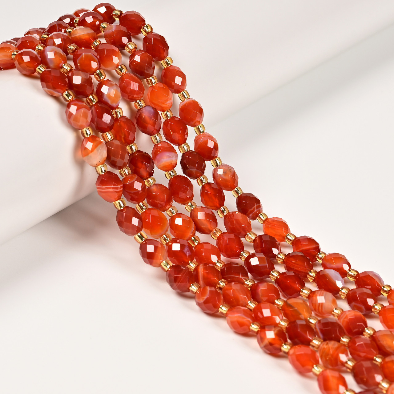 Red Striped Agate, Dyed, Faceted Rice Beads, One 6x8mm Strand