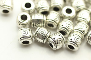BEAD, Patterned Barrel, 6x7 3mm hole, Antique Silver Plated (metal alloy), approx 30 per bag