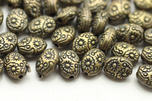BEAD, Oval Floral, 8x6x4mm, Antique Bronze Plated (metal alloy), approx 45 per bag