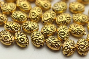 BEAD, Oval Floral, 8x6x4mm, Antique Gold Plated (metal alloy), approx 45 per bag