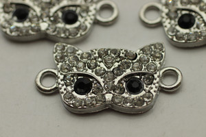 Kitten Face, Rhinestone, 25x13 mm, Antique Silver Plated Metal Alloy, 3 PCS