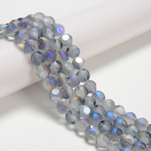 Transparent Blue Flare, Smooth Round, Window Cut Glass, One 8mm Strand