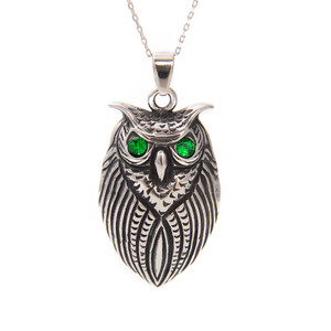 Owl, Green Eyes, Stainless Steel, One Pendant, 29x48mm