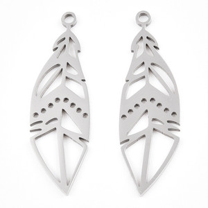 Stainless Steel, Cutout, Feather, 33x10mm, 2 PCS