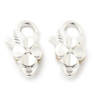 Lobster Claw Clasp, Flower, 25x15mm, Shiny Silver Plated Brass, 3 PCS