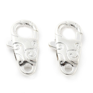 Lobster Claw Clasp, Swirl, 25x14mm, Shiny Silver Plated Brass, 4 PCS