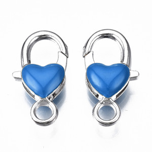 Lobster Claw Clasp, Heart, 27x14mm, Alloy & Enamel, Blue, 5 PCS