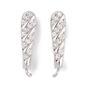 Ear Wires, Hoop Clasp, 16x5mm, 20 gauge, Brass, Platinum Plated, Cubic Zirconia, 1 Pair