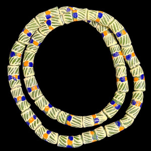 African Glass, Krobo, Green & White, Orange & Blue Dots, 30x14mm, 24in Strand