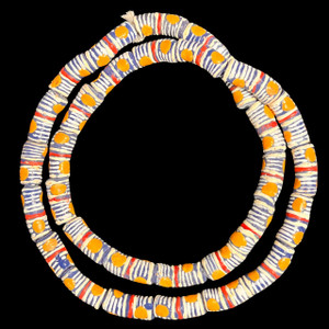 African Glass, Krobo, Blue & White, Orange Dots, 28x11mm, 24in Strand