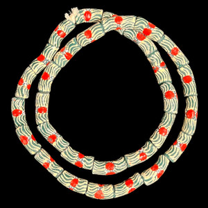 African Glass, Krobo, Green & White, Red Dots, 26x10mm, 24in Strand