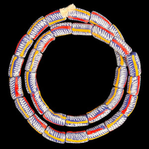 African Glass, Krobo, Blue & White, Red & Orange Stripes, 26x13mm, 24in Strand