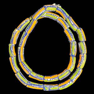 African Glass, Krobo, Blue, Orange & Green Stripes, 26x11mm, 24in Strand