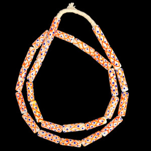 African Glass, Krobo, White & Orange, Blue Dots, 34x10mm, 34in Strand