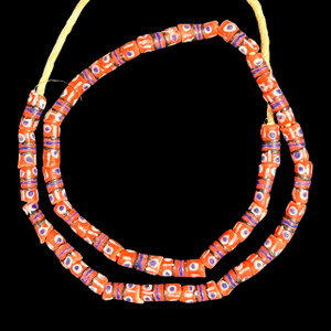 African Glass, Krobo, Red, Black Stripes, 17x7mm, 22in Strand