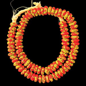 African Glass, Ghanaian, Fused Rondelle, Red & Yellow, 15x5mm, 22in Strand