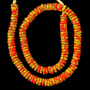 African Glass, Ghanaian, Fused Rondelle, Red & Yellow, 11x4mm, 20in Strand