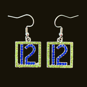 Earrings, Seahawks #12, Stainless Steel Earwire, Blue & Green Rhinestone