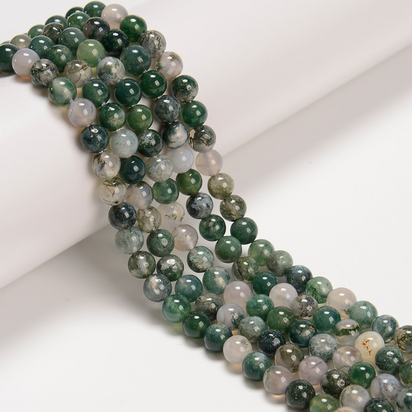 Moss Agate, Natural, Smooth Round in sizes 4mm, 6mm, 8mm & 10mm. Priced Per Strand