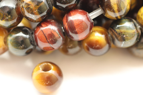8mm Tiger's Eye, Mix, Heated, Smooth Round with Large Hole