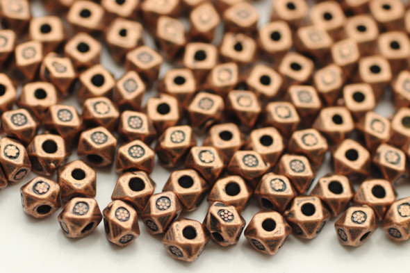 Bead, Hex with Design, 3x4mm, Antique Copper Plated Metal Alloy, approx. 190 PCS