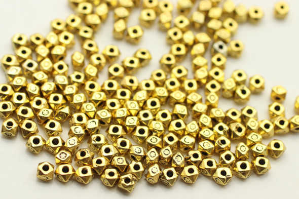 BEAD, Hex with Design, 3x4mm, Antique Gold Plated (metal alloy), approx 190 per bag