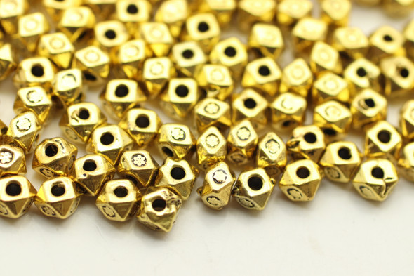 BEAD, Hex with Design, 3x4mm, Antique Gold Plated (metal alloy), approx 190 per bag