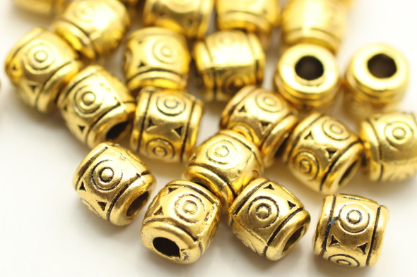 BEAD, Patterned Barrel, 6x7 3mm hole, Antique Gold Plated (metal alloy), approx 30 per bag