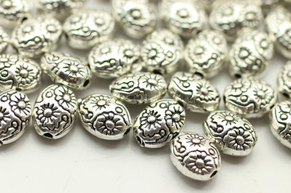 BEAD, Oval Floral, 8x6x4mm, Antique Silver Plated (metal alloy), approx 45 per bag