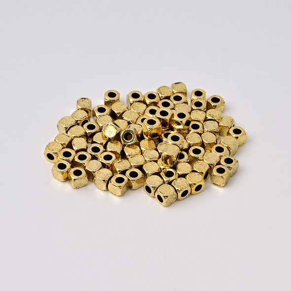 Spacer Bead, Cut Corner Cube, 4mm, Antique Gold Plated Metal Alloy, approx. 80 PCS