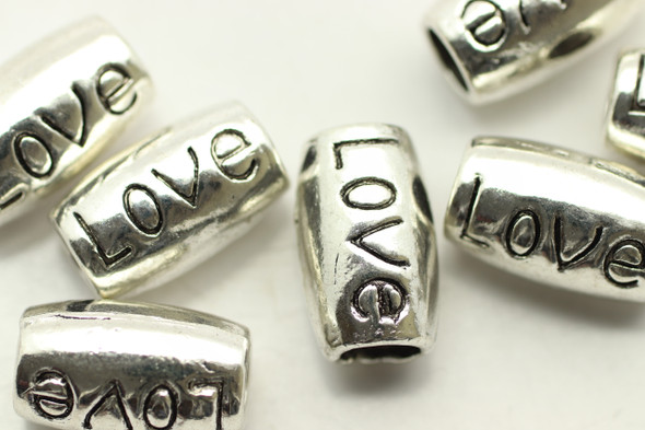 TUBE, "Love", 14x8 4mm hole, Antique Silver Plated (metal alloy), approx 6 per bag