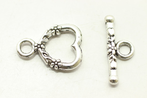 Toggle, Heart & Flower, 18x13mm, 20mm bar, Antique Silver Plated Metal Alloy, approx. 13 sets