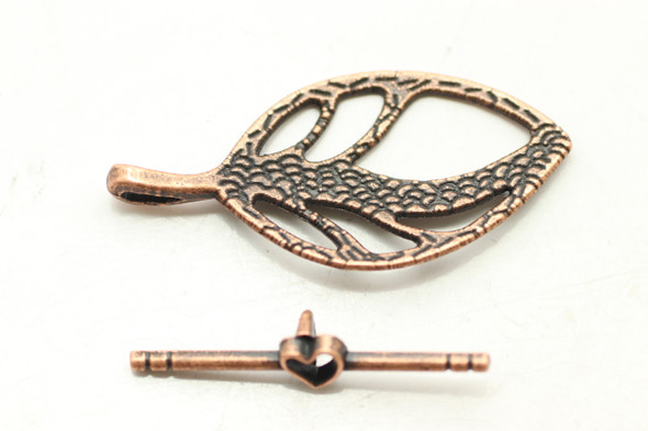 Toggle, Leaf, 37x18mm, 28mm bar, Antique Copper Plated Metal Alloy, 9 sets