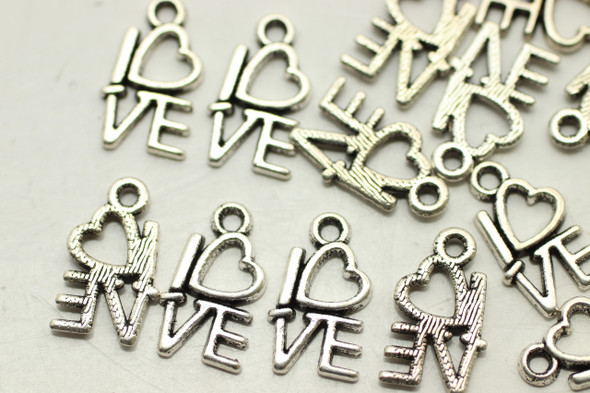 Love, with Heart, 15x8x1mm, Antique Silver Plated Metal Alloy, approx. 70 PCS