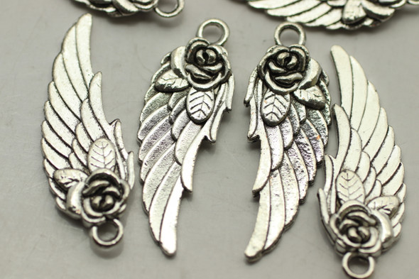 Wing, Rose, Double Sided, 31x11x3mm, Antique Silver Plated Metal Alloy, approx. 12 PCS