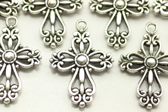 CROSS, Filigree, Double Sided, 28x20x4mm, Antique Silver Plated (metal alloy), approx 10 per bag